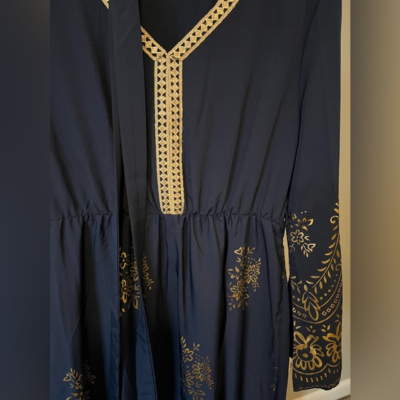Gold Floral Print Contrast Tape Belted Kaftan Maxi Dress - Picture 8 of 10